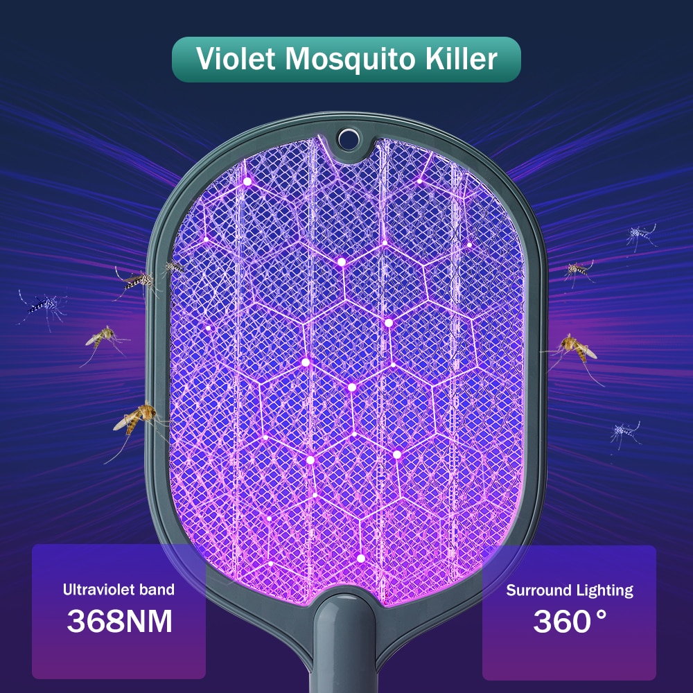 Smart Electric Insect Racket Swatter Zapper 3000V in white-green color, showcasing its sleek design and dual-purpose functionality.