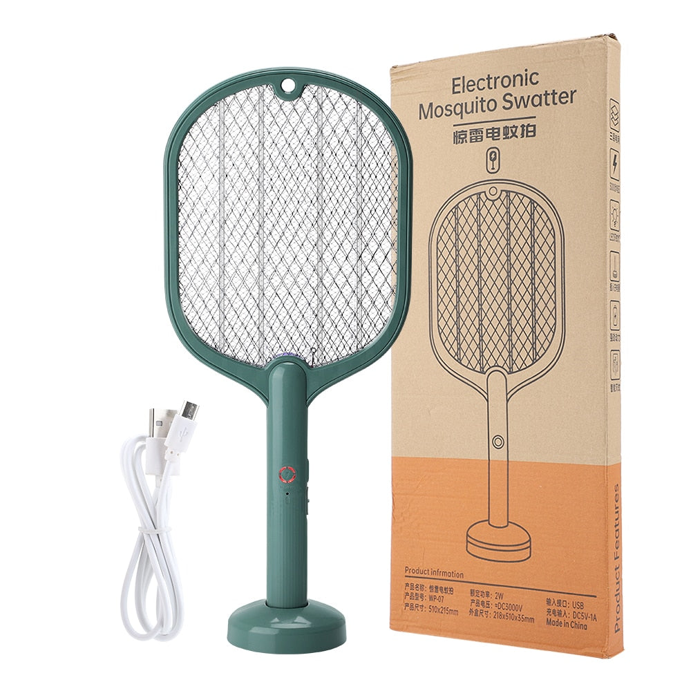 Smart Electric Insect Racket Swatter Zapper 3000V in white-green color, showcasing its sleek design and dual-purpose functionality.