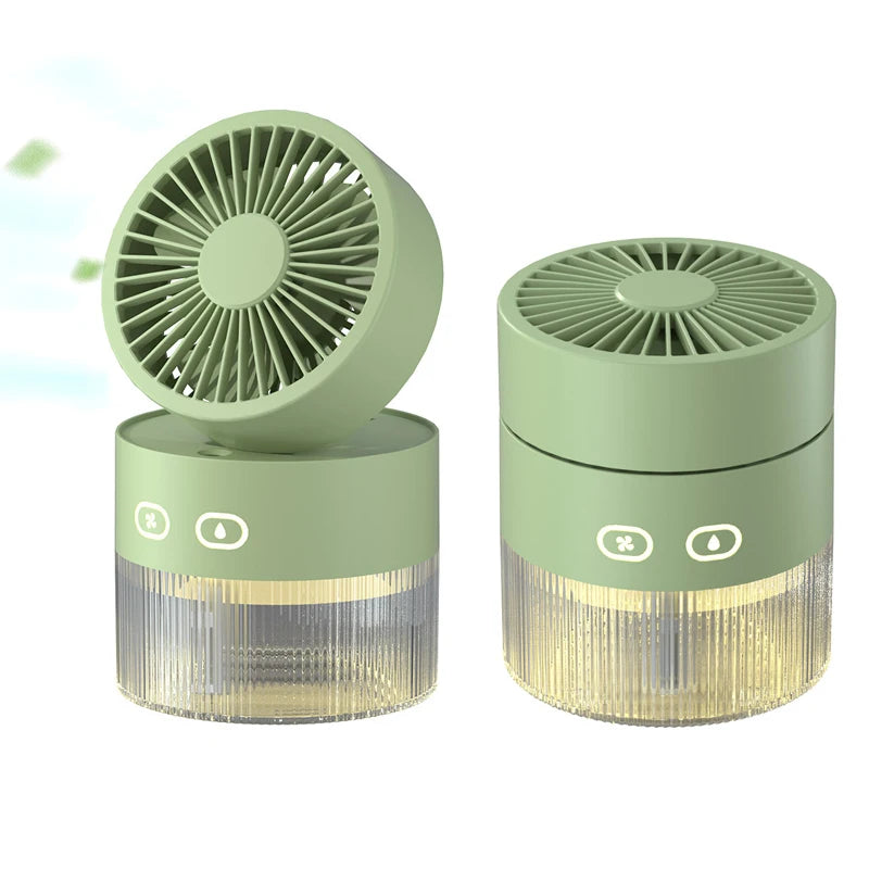 Spray Cooling Fan USB Mini Fan in pink, green, and yellow colors with a water tank and night light feature, perfect for desktop use.