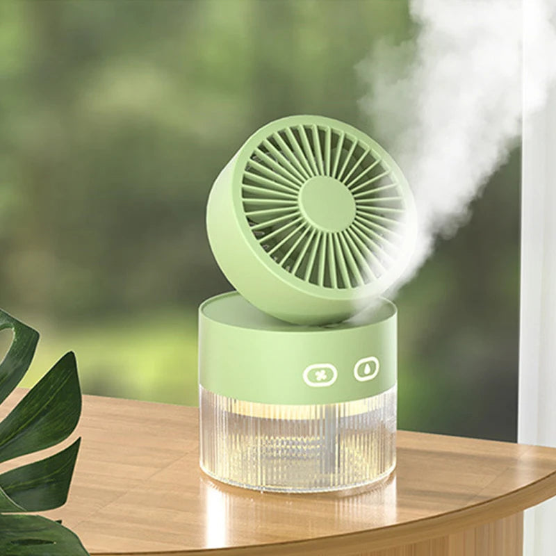 Spray Cooling Fan USB Mini Fan in pink, green, and yellow colors with a water tank and night light feature, perfect for desktop use.