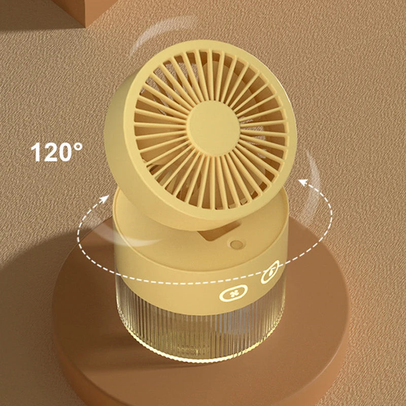 Spray Cooling Fan USB Mini Fan in pink, green, and yellow colors with a water tank and night light feature, perfect for desktop use.