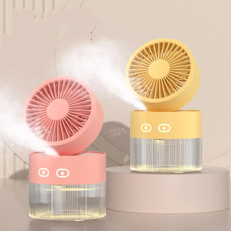 Spray Cooling Fan USB Mini Fan in pink, green, and yellow colors with a water tank and night light feature, perfect for desktop use.