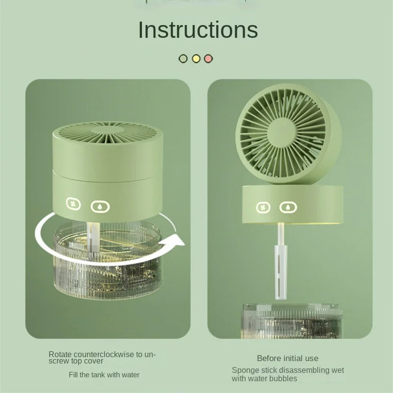 Spray Cooling Fan USB Mini Fan in pink, green, and yellow colors with a water tank and night light feature, perfect for desktop use.