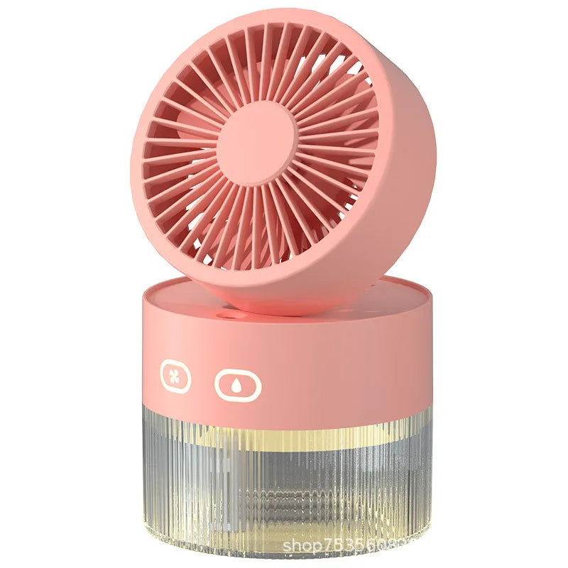 Spray Cooling Fan USB Mini Fan in pink, green, and yellow colors with a water tank and night light feature, perfect for desktop use.