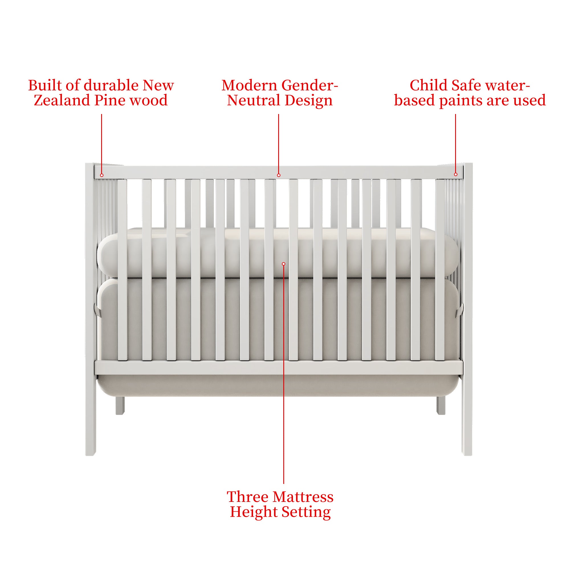 Synergy 5-in-1 Convertible Crib in white, showcasing its classic design and solid pine wood construction.