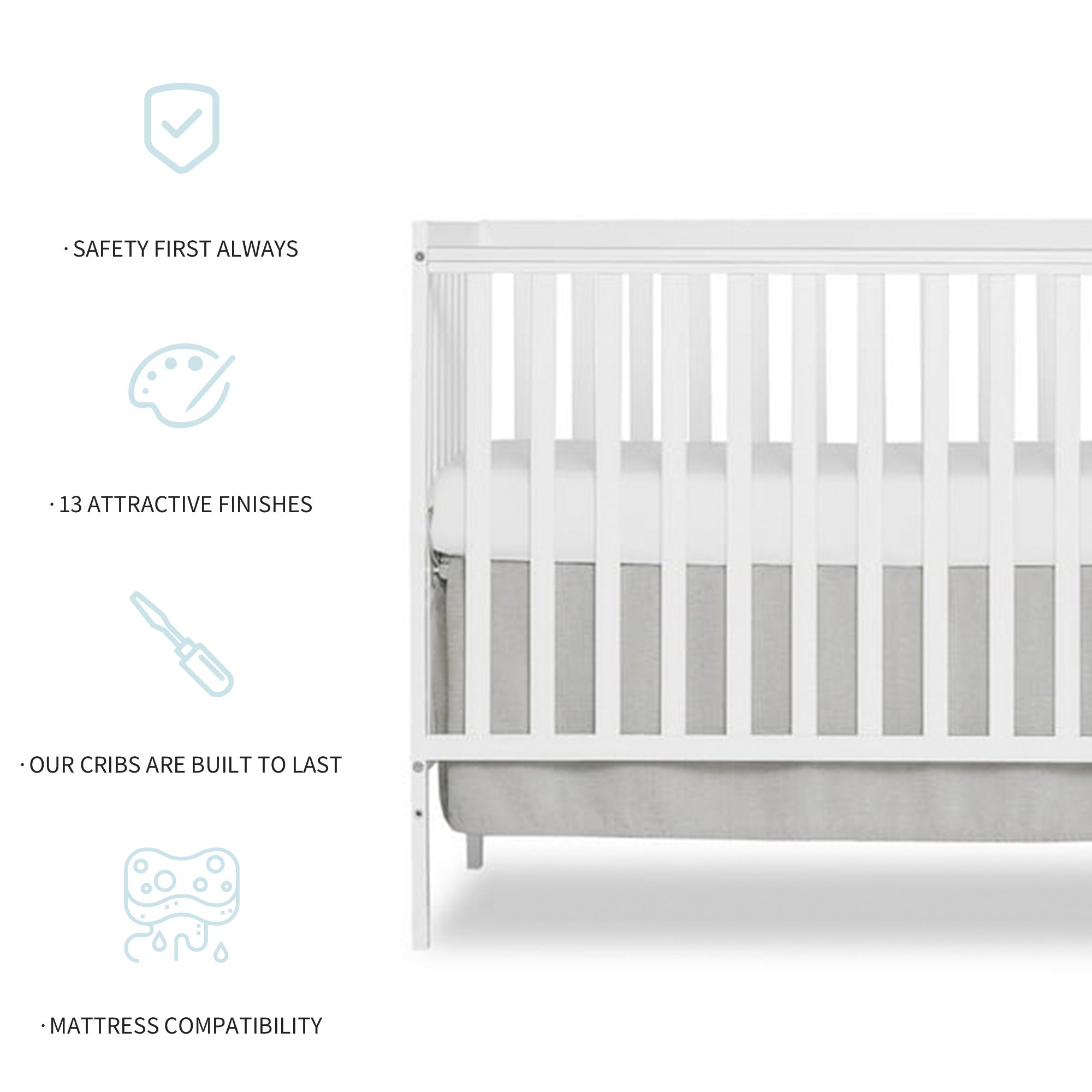 Synergy 5-in-1 Convertible Crib in white, showcasing its classic design and solid pine wood construction.