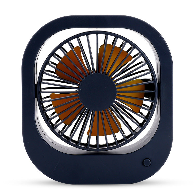 A compact USB desk fan with two speed settings, designed for portable use on a desktop or table.