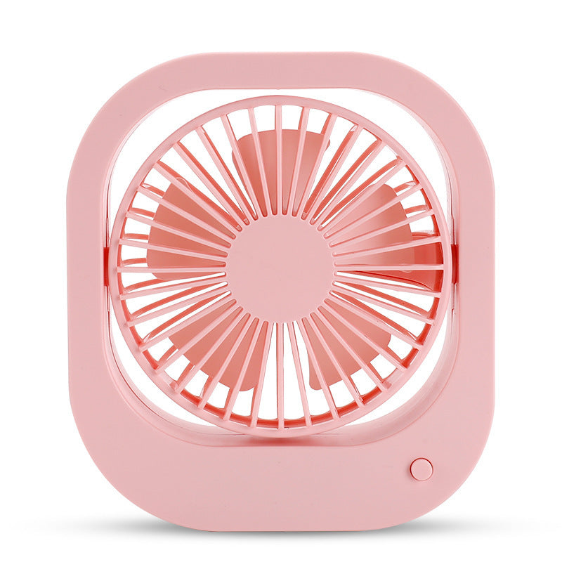 A compact USB desk fan with two speed settings, designed for portable use on a desktop or table.