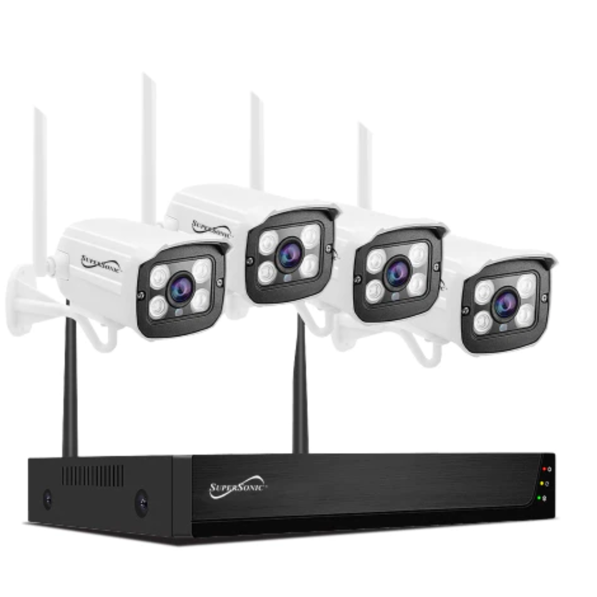 Wireless Security Camera System featuring 4 Full HD cameras for indoor and outdoor surveillance, showcasing sleek design and advanced technology.