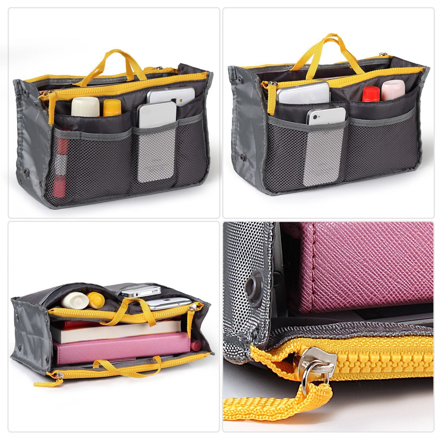 Women Lady Travel Insert Handbag Organiser in various colors with multiple pockets for organization.