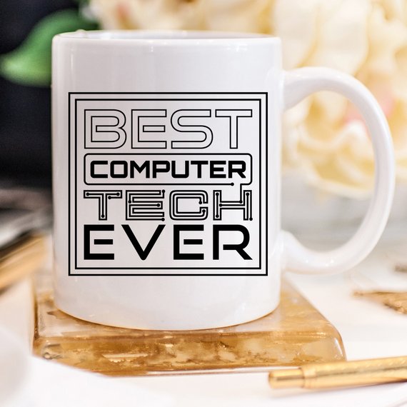 A humorous 11oz coffee mug featuring the phrase 'Best Computer Tech Ever', made of high-quality ceramic, perfect for tech enthusiasts.