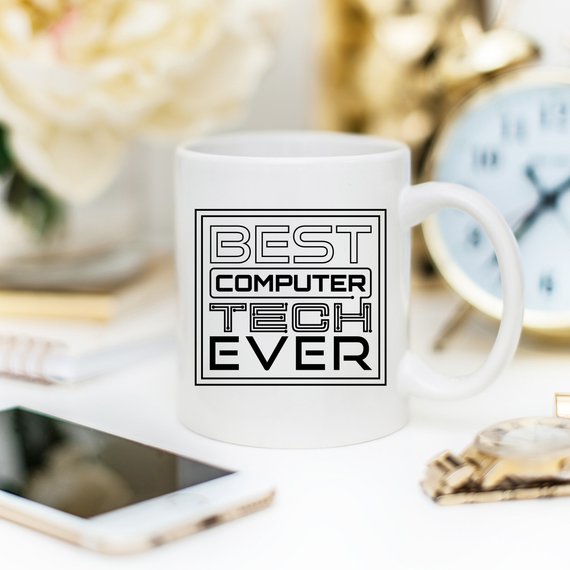 A humorous 11oz coffee mug featuring the phrase 'Best Computer Tech Ever', made of high-quality ceramic, perfect for tech enthusiasts.