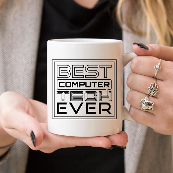 A humorous 11oz coffee mug featuring the phrase 'Best Computer Tech Ever', made of high-quality ceramic, perfect for tech enthusiasts.