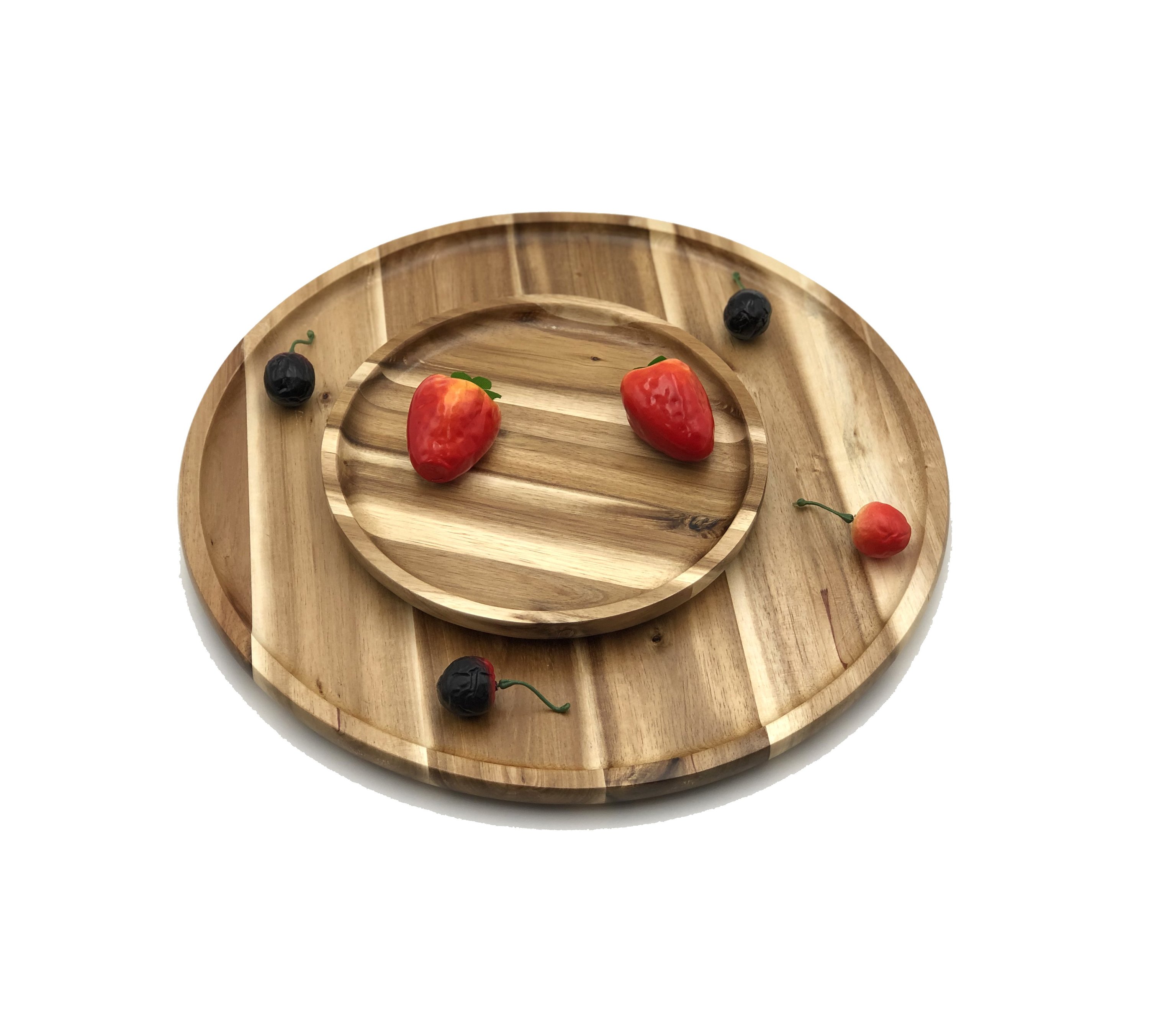 Set of 2 medium-sized Acacia platters, one 14-inch and one 8-inch, showcasing rich wood grain and elegant design for serving pizza and salads.