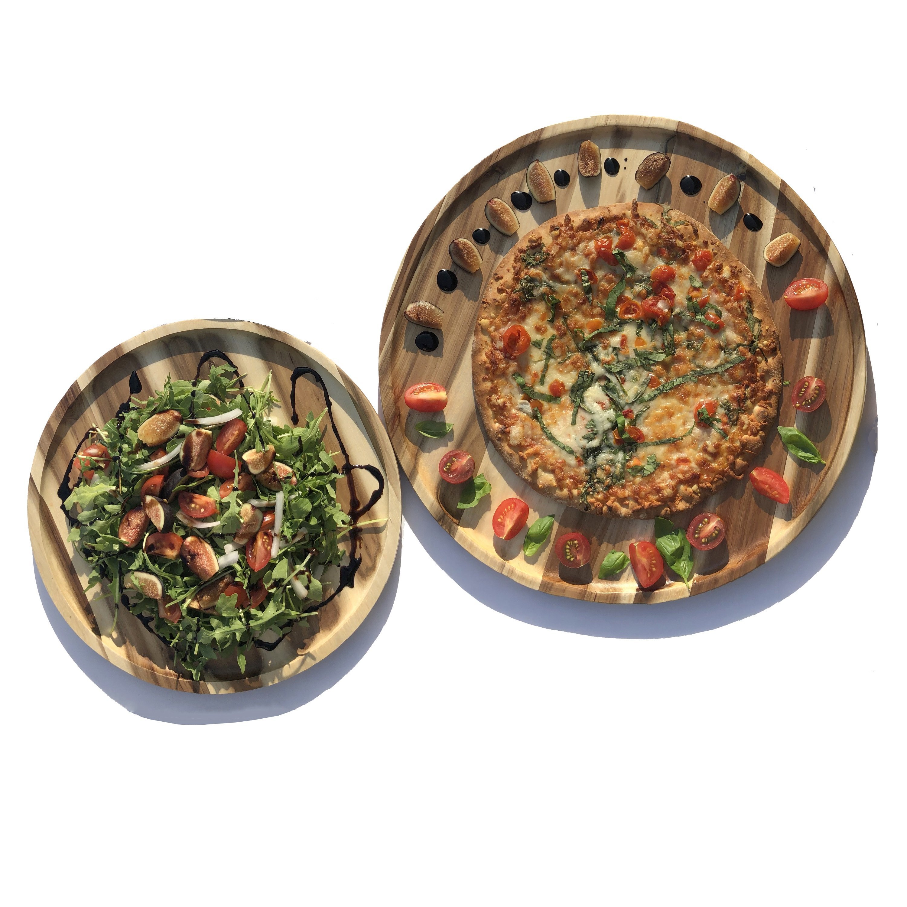 Set of 2 medium-sized Acacia platters, one 14-inch and one 8-inch, showcasing rich wood grain and elegant design for serving pizza and salads.