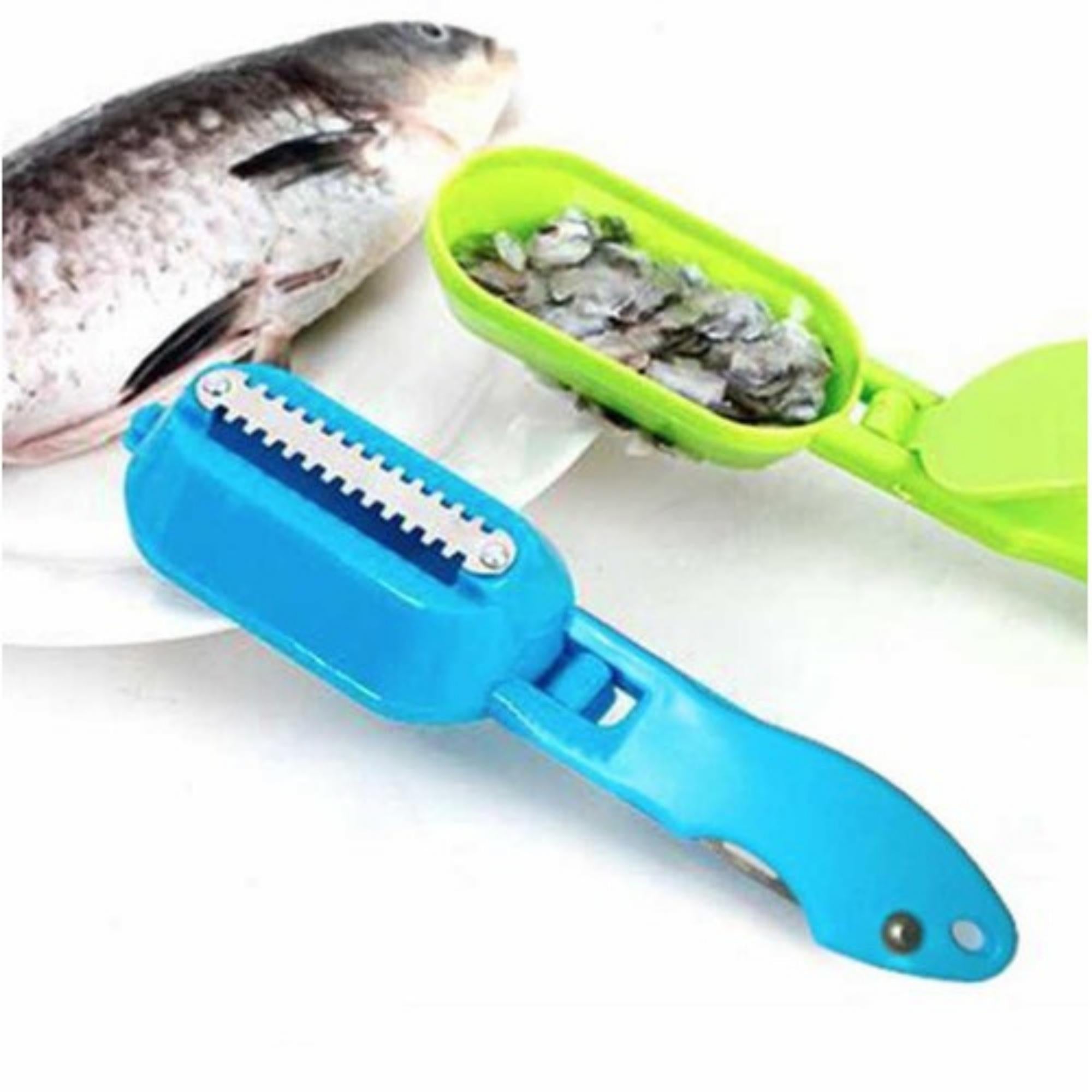 Two Convenient Fish Scale Removers in blue, pink, and green, showcasing their ergonomic design and wall-hanging feature.