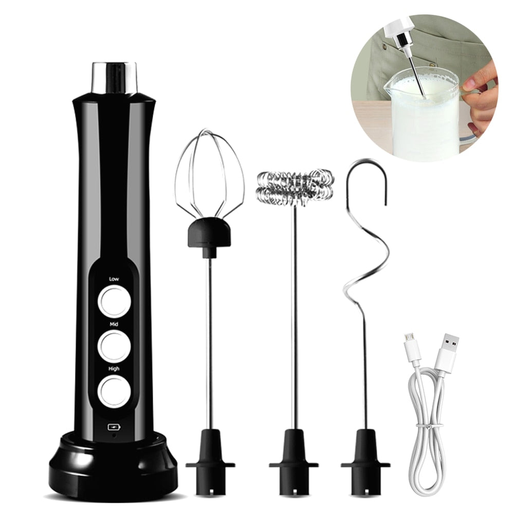 3 in 1 Milk Frother Electric Milk Foamer in white and black, showcasing its sleek design and interchangeable mixing heads.