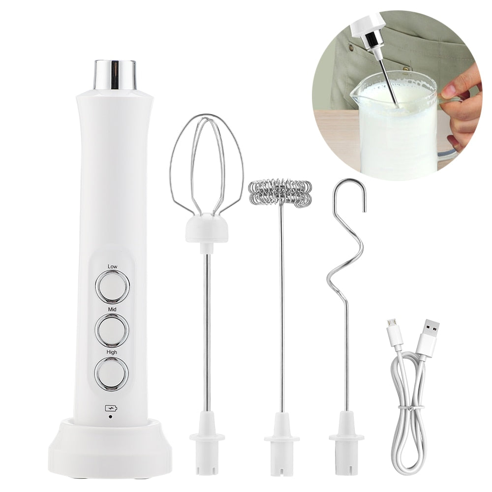 3 in 1 Milk Frother Electric Milk Foamer in white and black, showcasing its sleek design and interchangeable mixing heads.