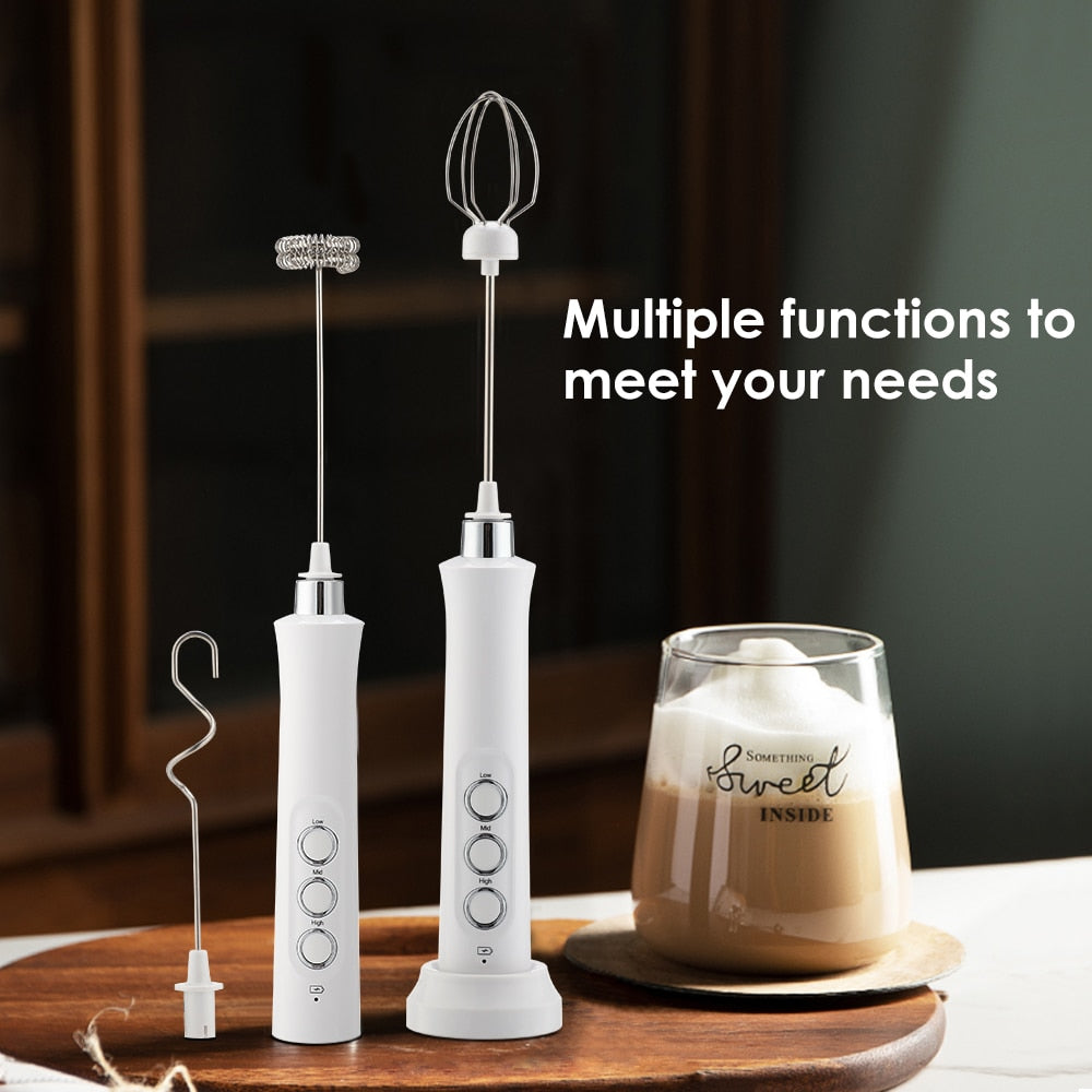 3 in 1 Milk Frother Electric Milk Foamer in white and black, showcasing its sleek design and interchangeable mixing heads.