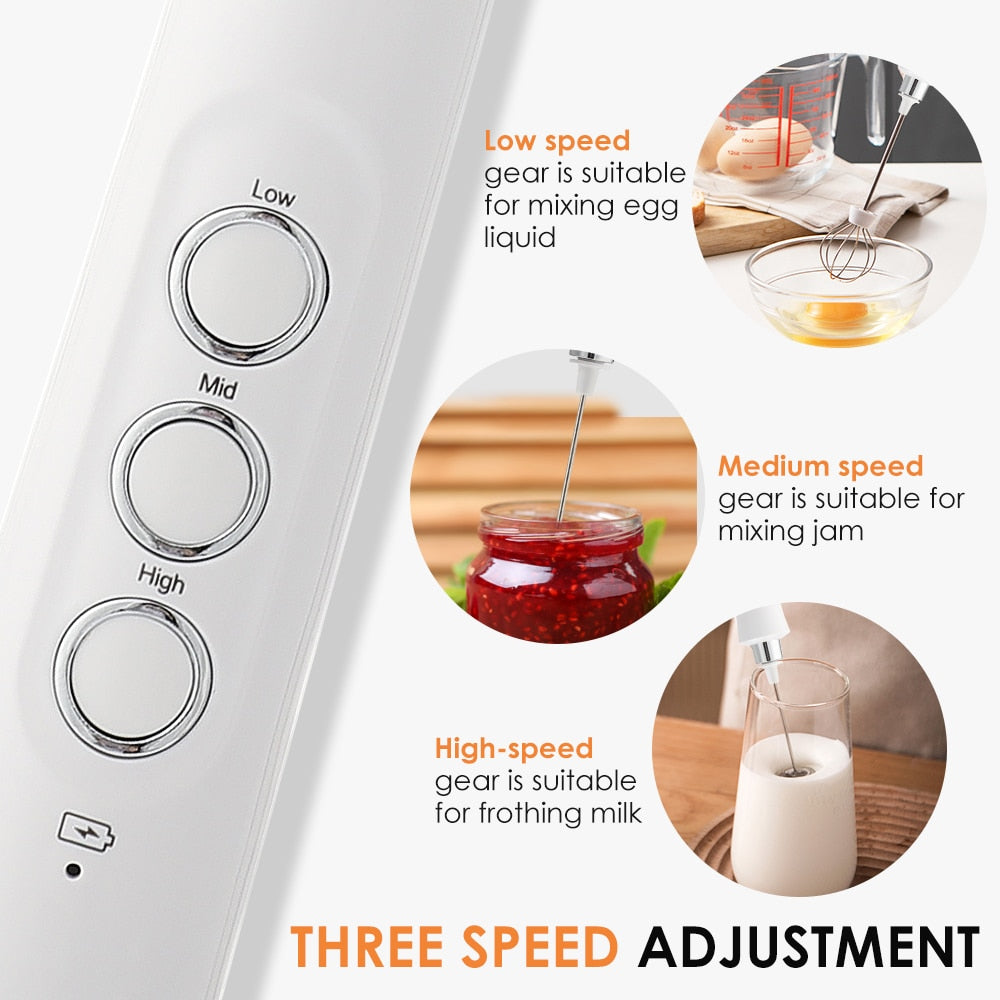 3 in 1 Milk Frother Electric Milk Foamer in white and black, showcasing its sleek design and interchangeable mixing heads.