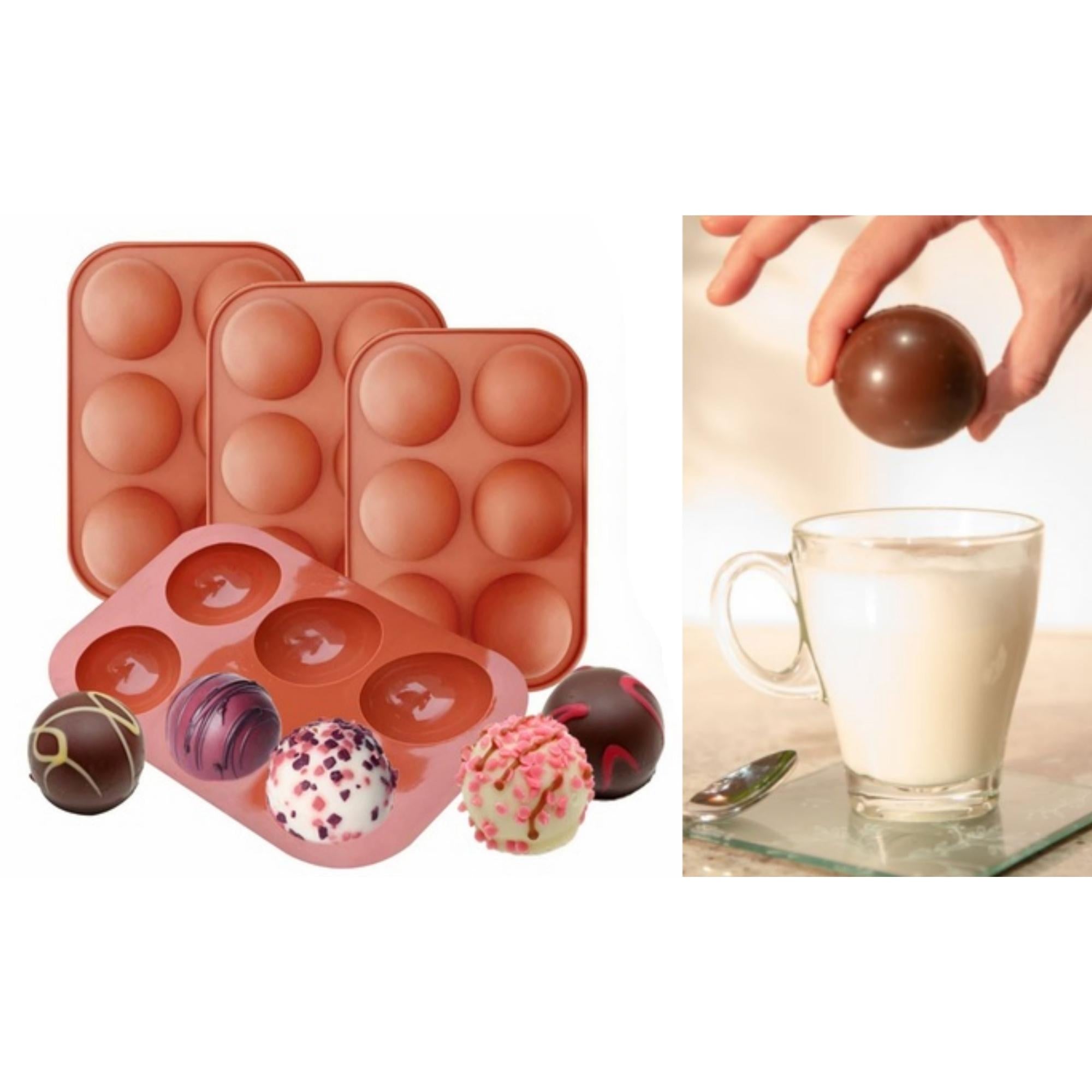 Three silicone chocolate bomb molds in semi-sphere shape, perfect for baking hot chocolate bombs and other treats.