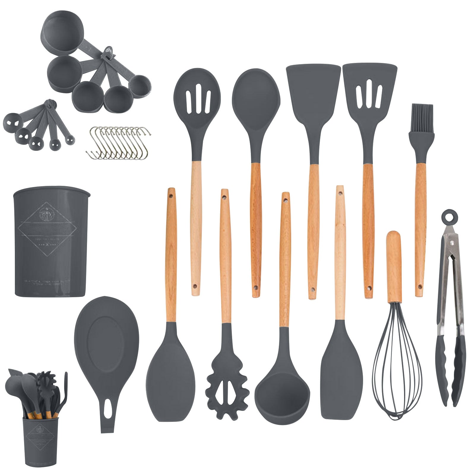 33-piece silicone kitchen utensils set including spatulas, ladles, tongs, and measuring cups in black and light green colors.