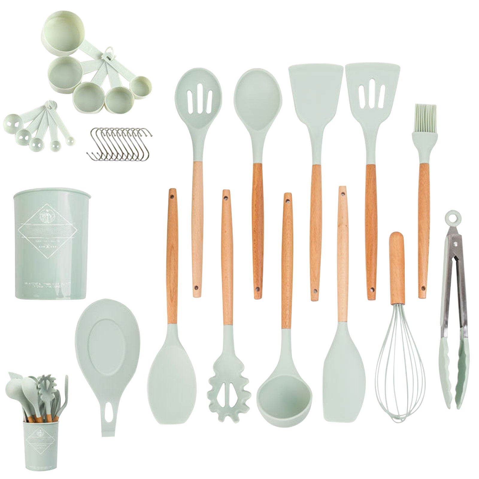 33-piece silicone kitchen utensils set including spatulas, ladles, tongs, and measuring cups in black and light green colors.