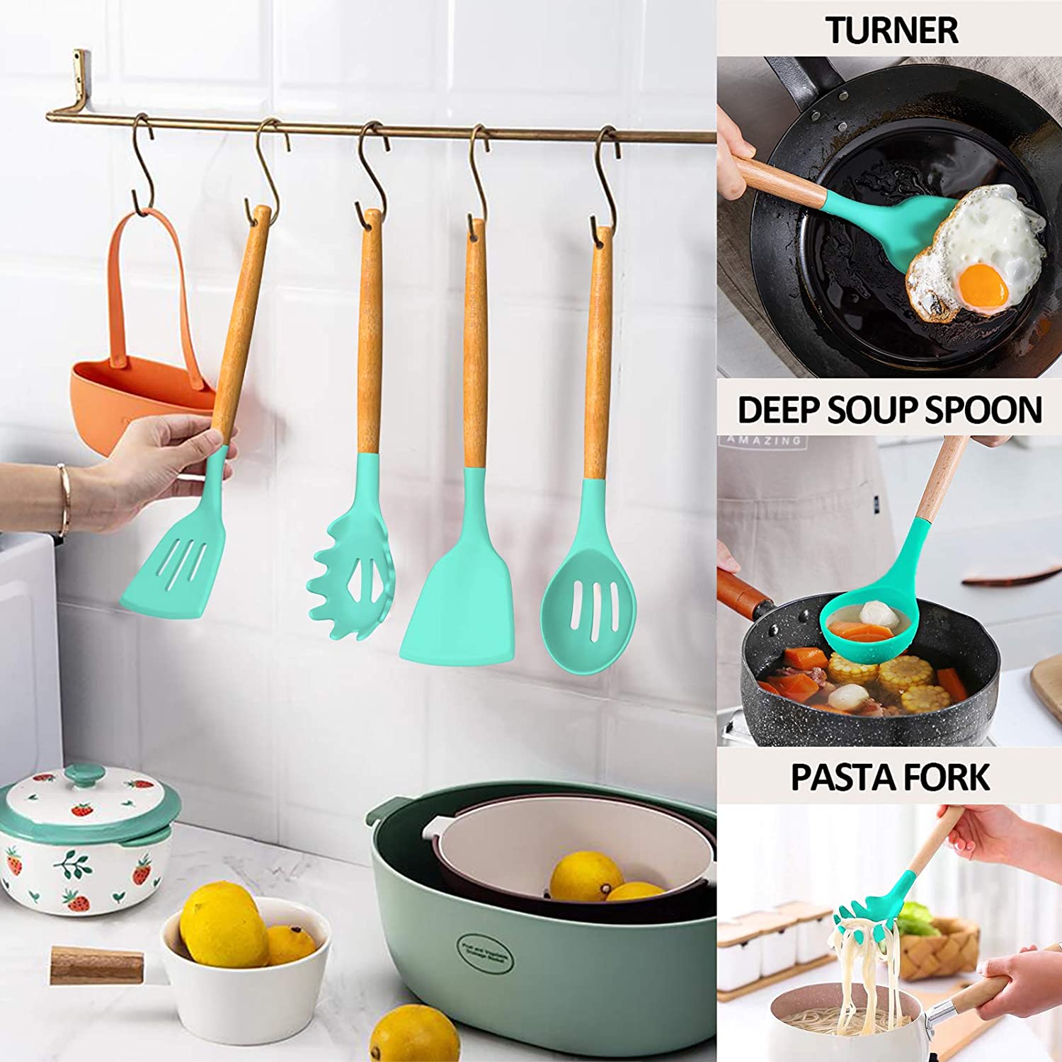 33-piece silicone kitchen utensils set including spatulas, ladles, tongs, and measuring cups in black and light green colors.