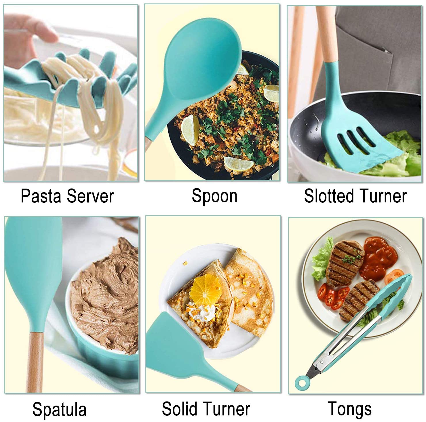 33-piece silicone kitchen utensils set including spatulas, ladles, tongs, and measuring cups in black and light green colors.