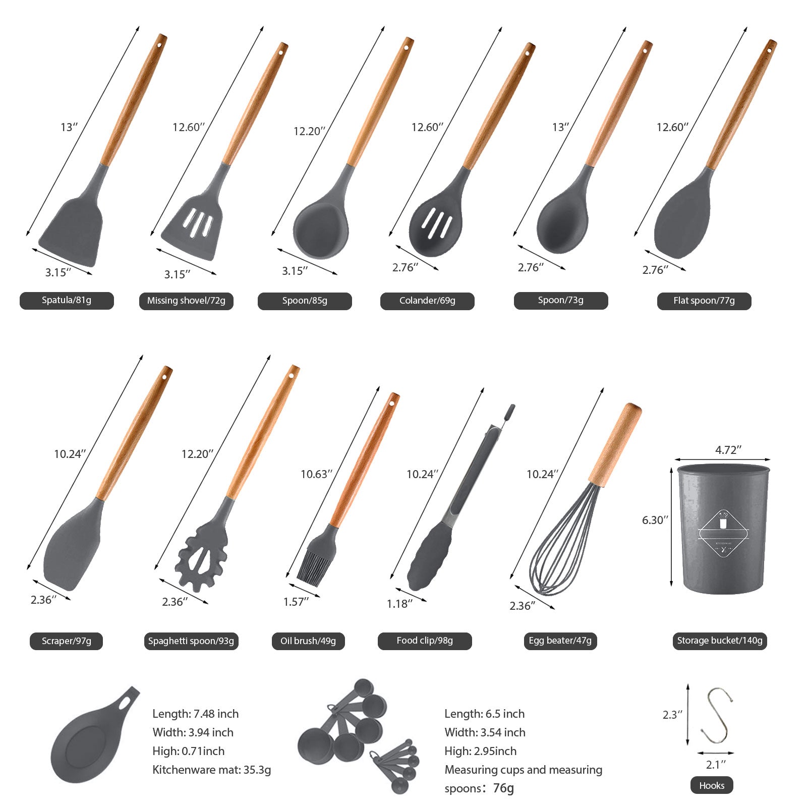 33-piece silicone kitchen utensils set including spatulas, ladles, tongs, and measuring cups in black and light green colors.