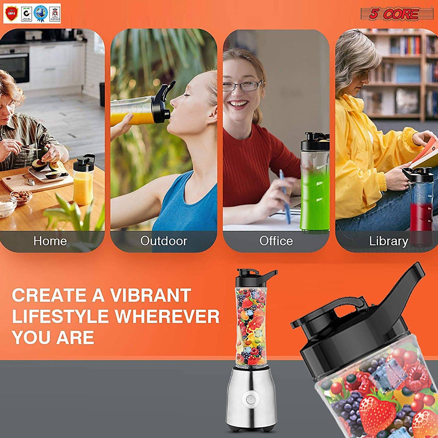 5 Core Portable Blender with 20 oz capacity and stainless steel blades, perfect for smoothies and shakes.