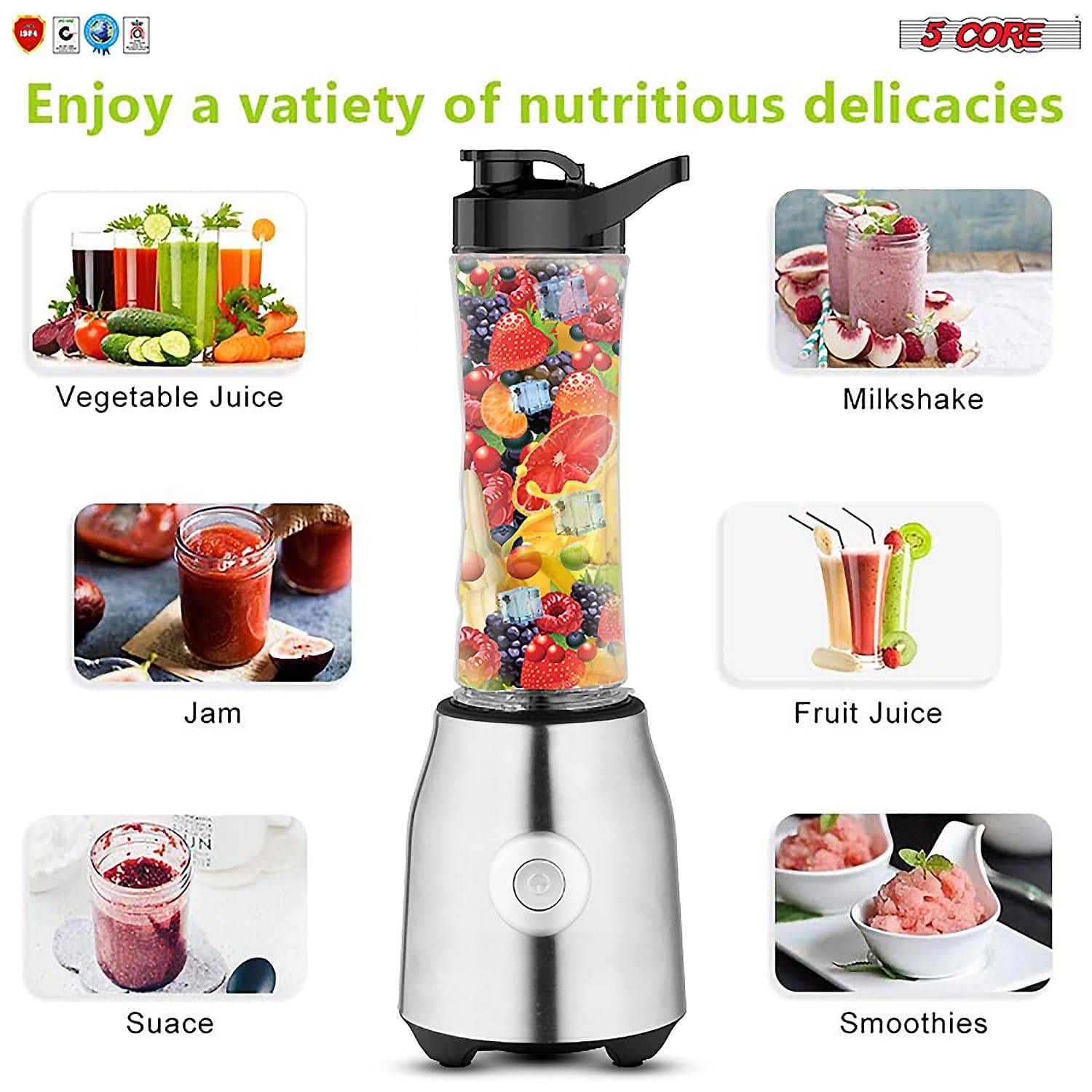 5 Core Portable Blender with 20 oz capacity and stainless steel blades, perfect for smoothies and shakes.