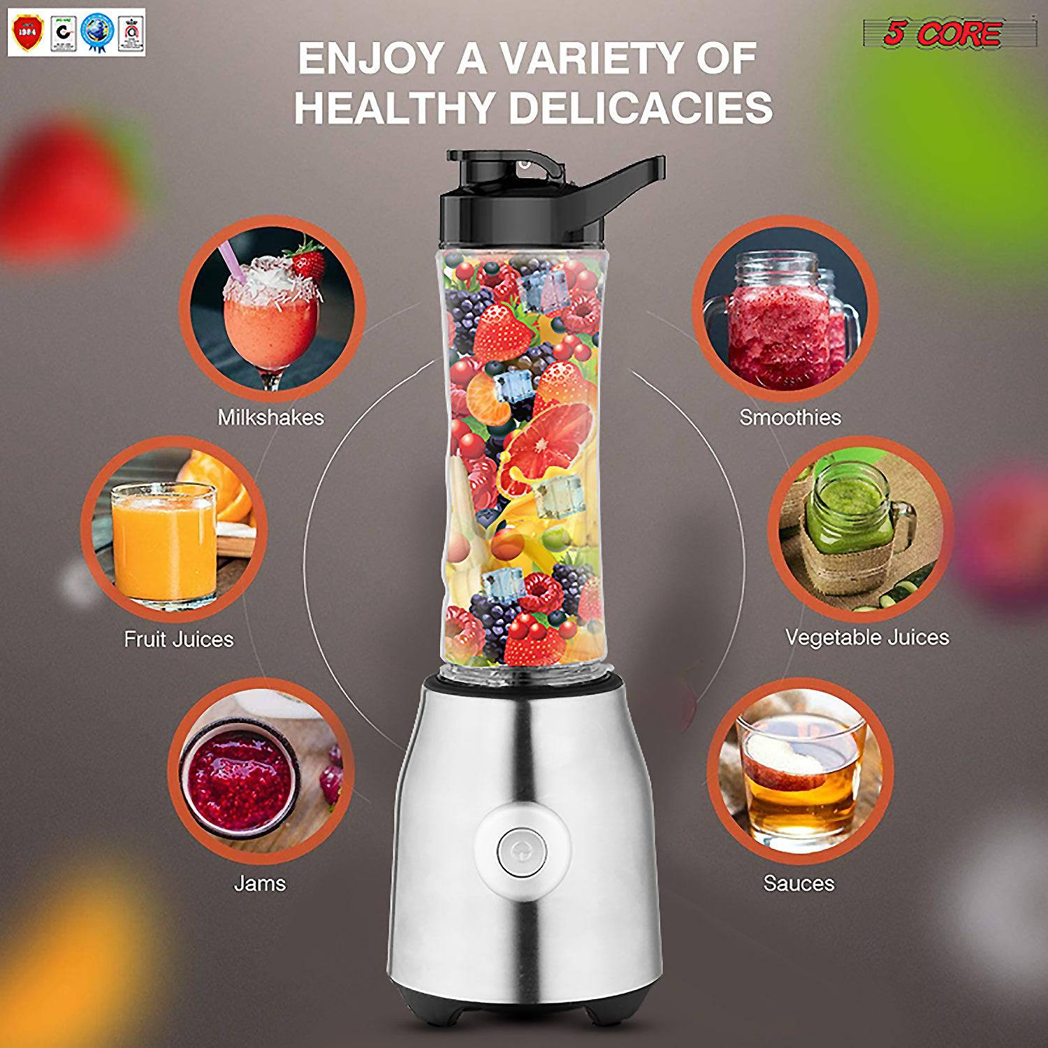 5 Core Portable Blender with 20 oz capacity and stainless steel blades, perfect for smoothies and shakes.