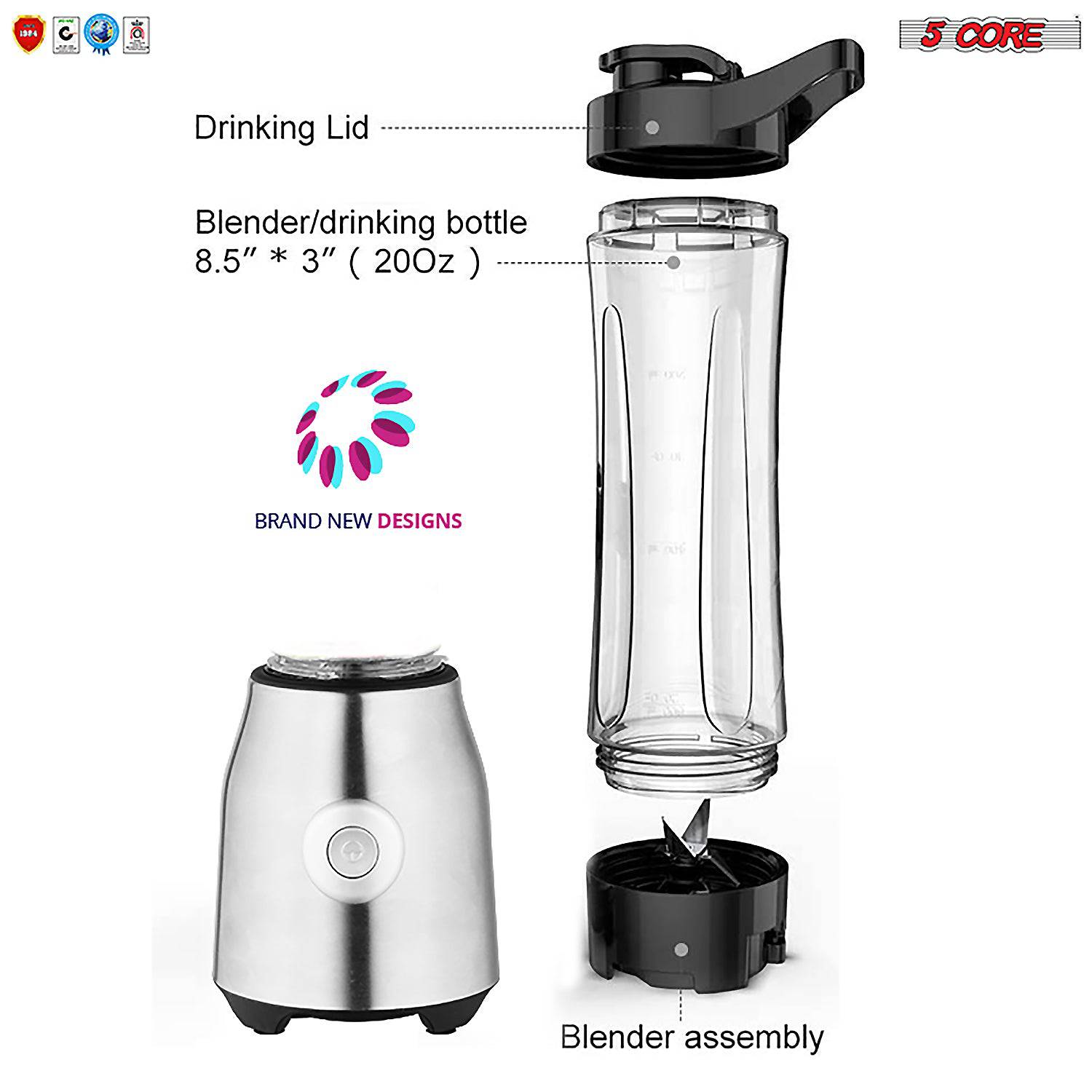 5 Core Portable Blender with 20 oz capacity and stainless steel blades, perfect for smoothies and shakes.