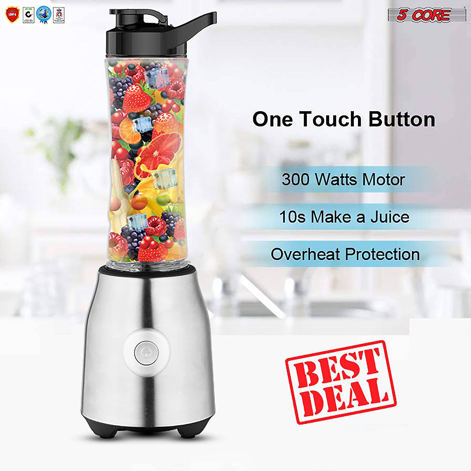 5 Core Portable Blender with 20 oz capacity and stainless steel blades, perfect for smoothies and shakes.