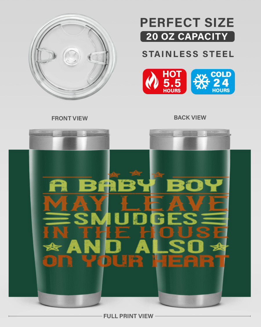 A stylish 20oz stainless steel tumbler featuring a heartfelt design celebrating baby boys, showcasing its double wall vacuum insulation and drink-thru lid.