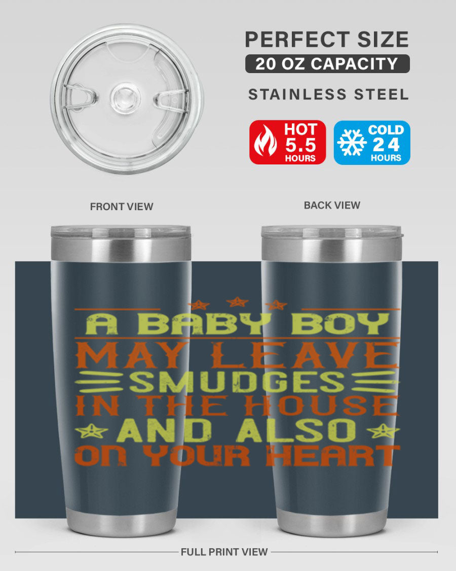 A stylish 20oz stainless steel tumbler featuring a heartfelt design celebrating baby boys, showcasing its double wall vacuum insulation and drink-thru lid.