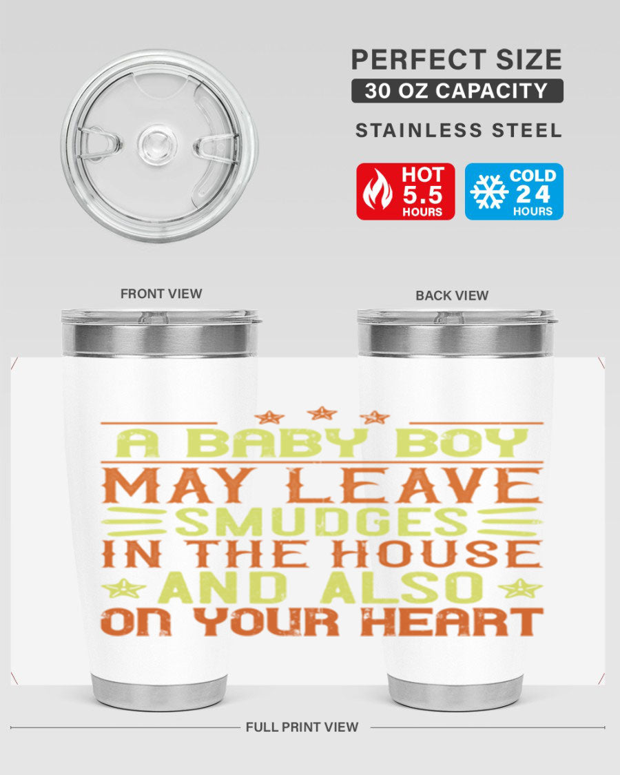 A stylish 20oz stainless steel tumbler featuring a heartfelt design celebrating baby boys, showcasing its double wall vacuum insulation and drink-thru lid.