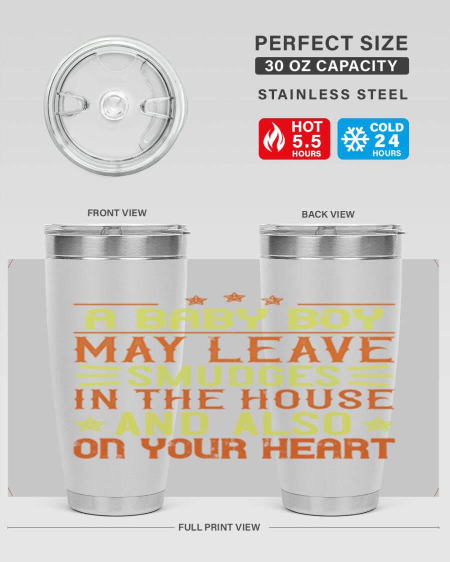 A stylish 20oz stainless steel tumbler featuring a heartfelt design celebrating baby boys, showcasing its double wall vacuum insulation and drink-thru lid.