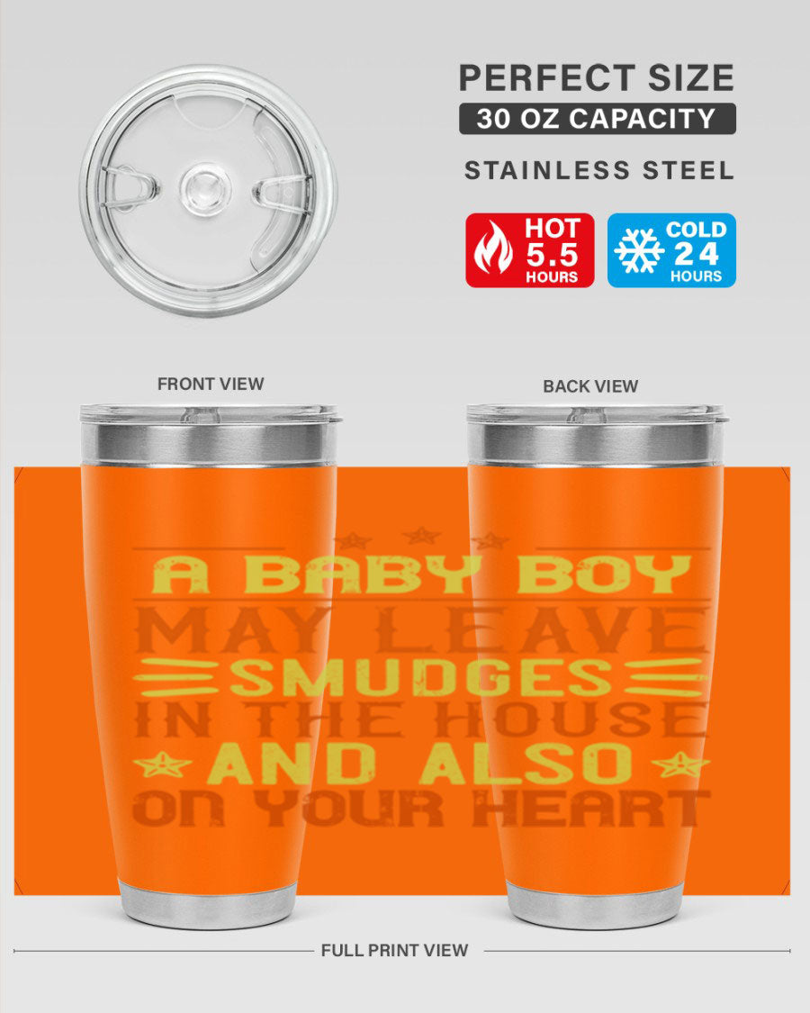 A stylish 20oz stainless steel tumbler featuring a heartfelt design celebrating baby boys, showcasing its double wall vacuum insulation and drink-thru lid.