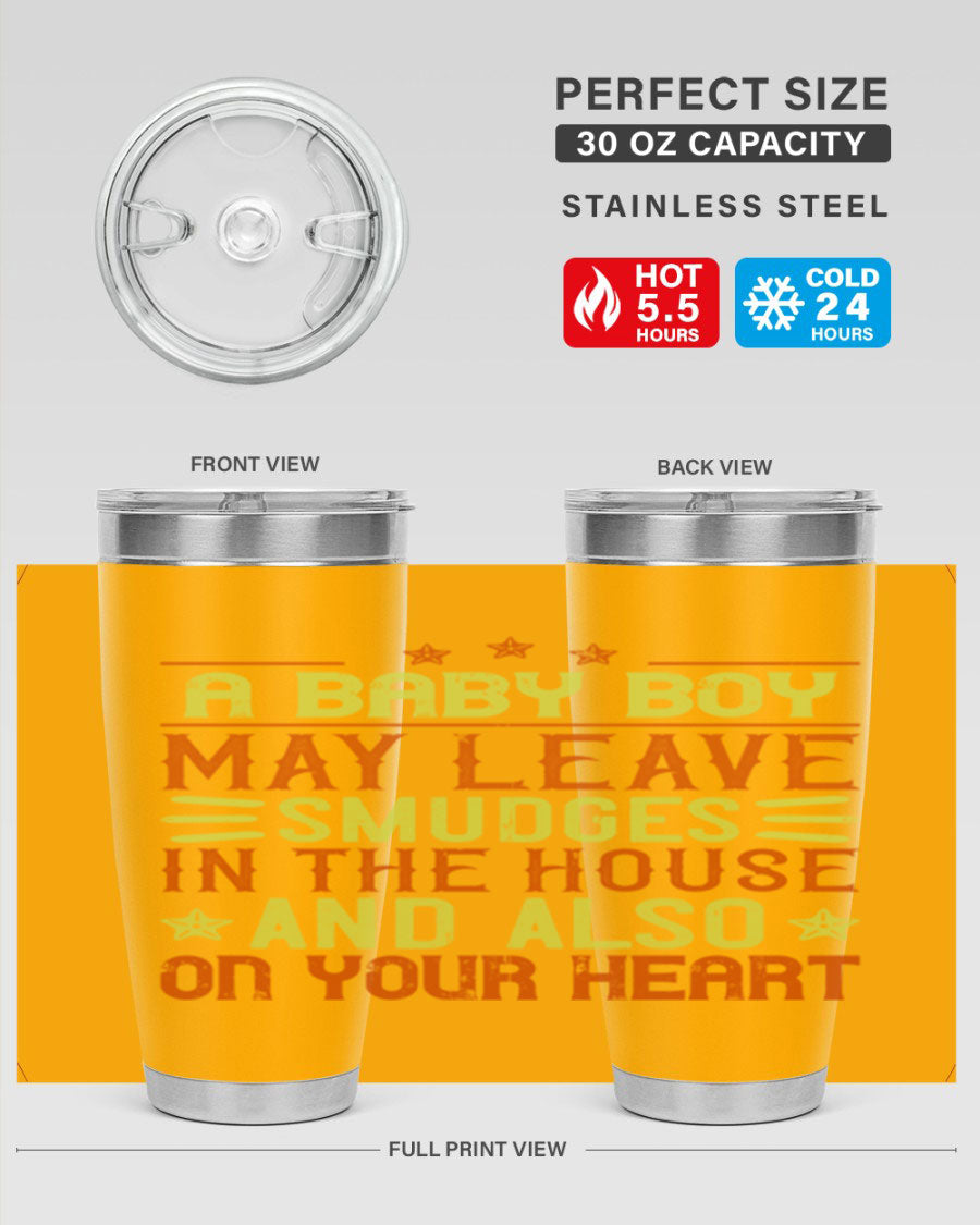 A stylish 20oz stainless steel tumbler featuring a heartfelt design celebrating baby boys, showcasing its double wall vacuum insulation and drink-thru lid.