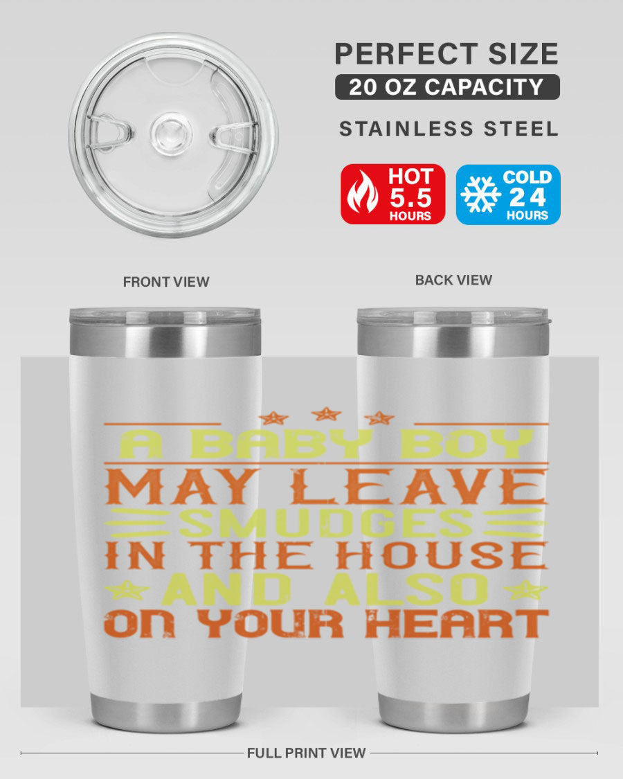 A stylish 20oz stainless steel tumbler featuring a heartfelt design celebrating baby boys, showcasing its double wall vacuum insulation and drink-thru lid.