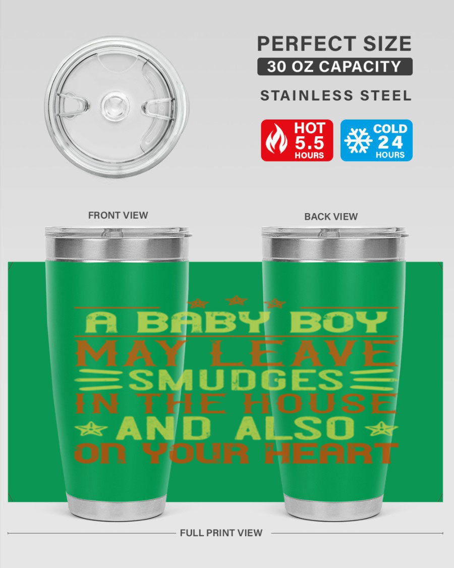 A stylish 20oz stainless steel tumbler featuring a heartfelt design celebrating baby boys, showcasing its double wall vacuum insulation and drink-thru lid.