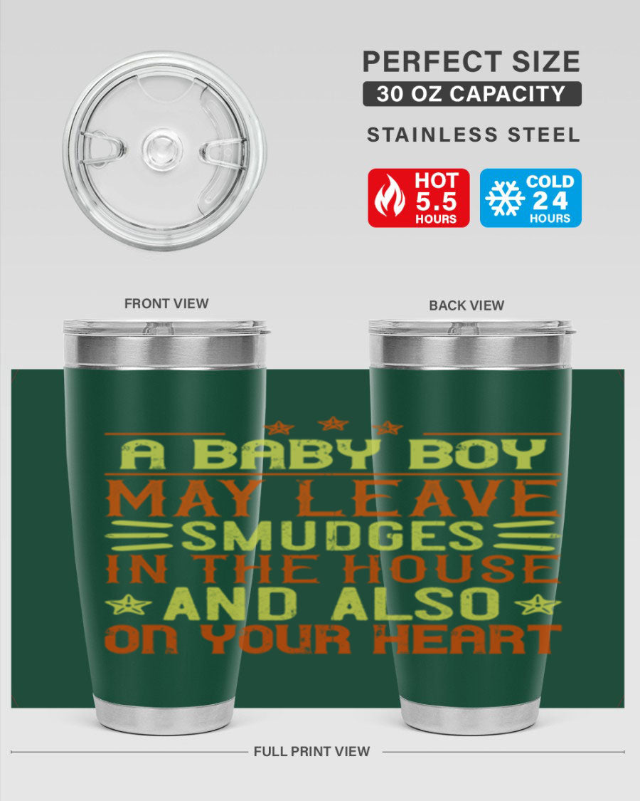 A stylish 20oz stainless steel tumbler featuring a heartfelt design celebrating baby boys, showcasing its double wall vacuum insulation and drink-thru lid.