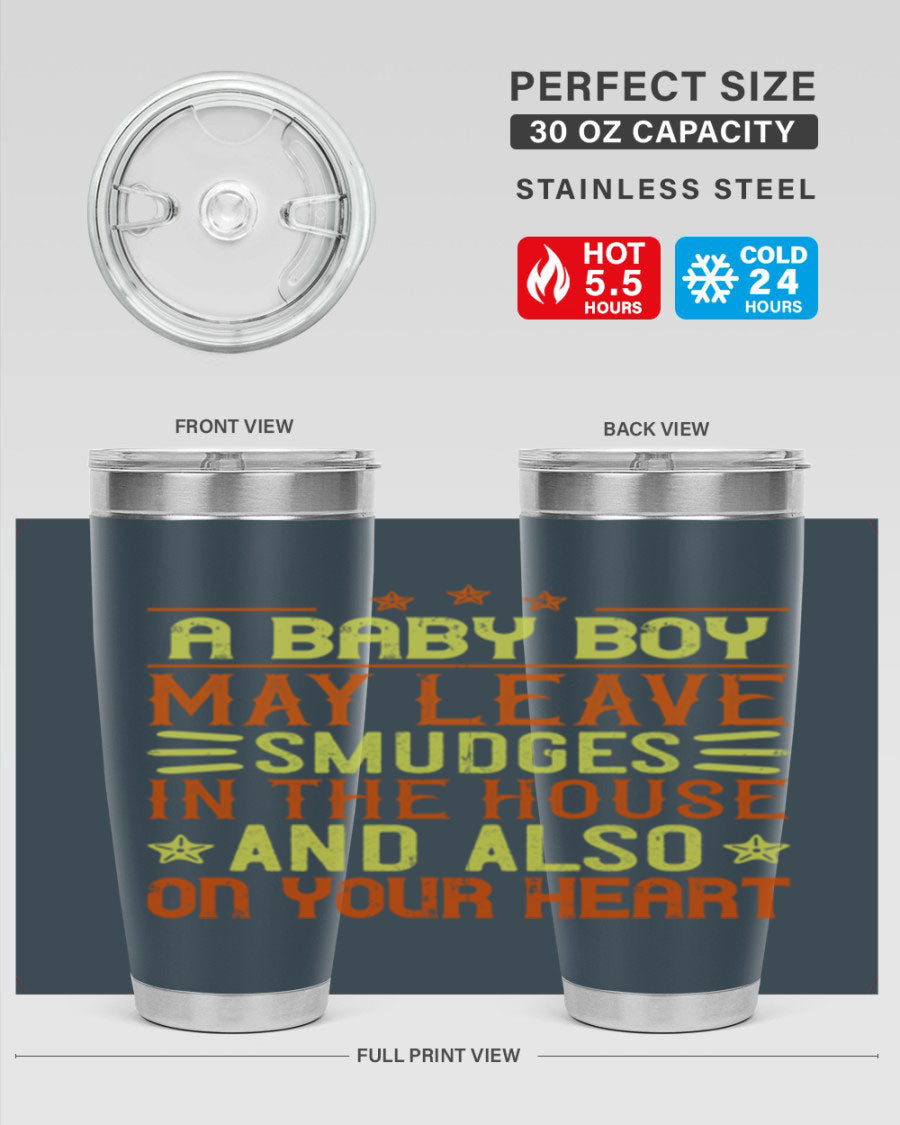 A stylish 20oz stainless steel tumbler featuring a heartfelt design celebrating baby boys, showcasing its double wall vacuum insulation and drink-thru lid.