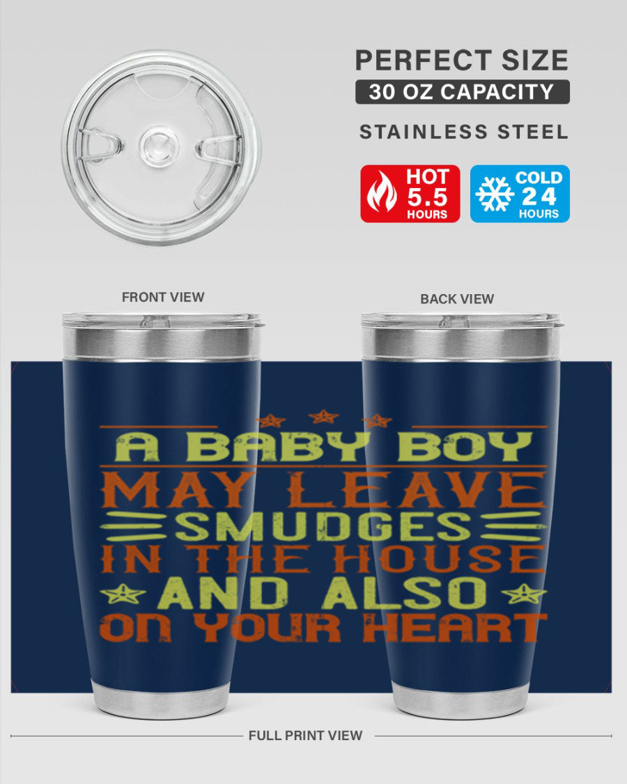 A stylish 20oz stainless steel tumbler featuring a heartfelt design celebrating baby boys, showcasing its double wall vacuum insulation and drink-thru lid.