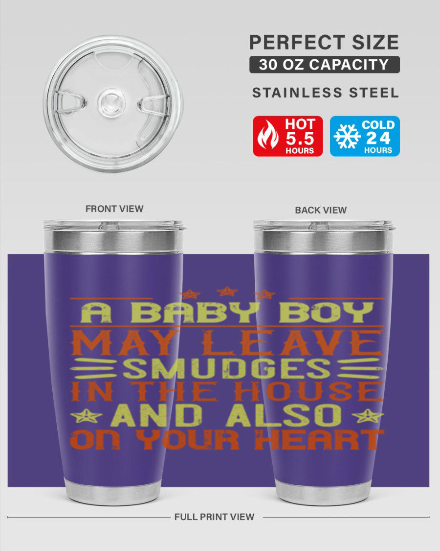 A stylish 20oz stainless steel tumbler featuring a heartfelt design celebrating baby boys, showcasing its double wall vacuum insulation and drink-thru lid.