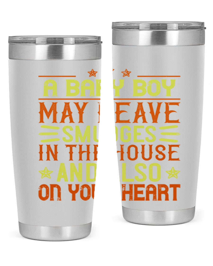 A stylish 20oz stainless steel tumbler featuring a heartfelt design celebrating baby boys, showcasing its double wall vacuum insulation and drink-thru lid.