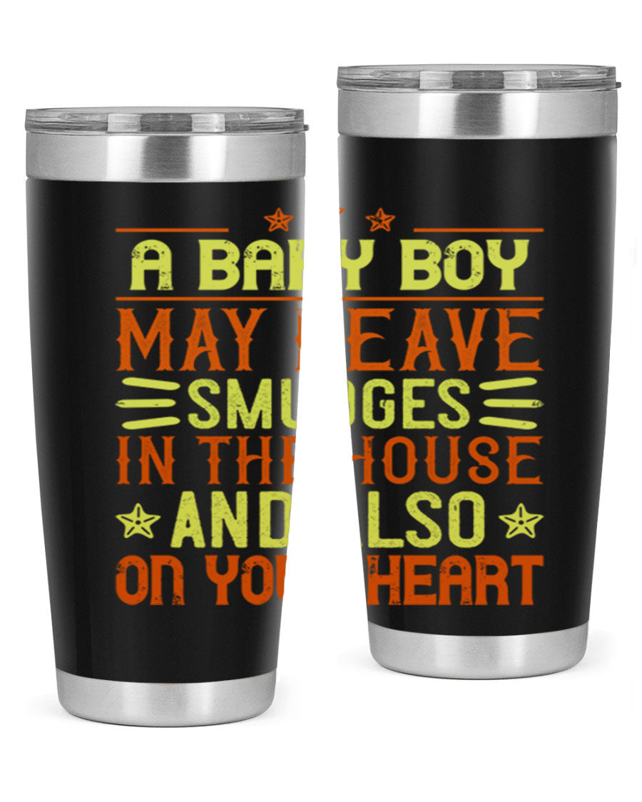 A stylish 20oz stainless steel tumbler featuring a heartfelt design celebrating baby boys, showcasing its double wall vacuum insulation and drink-thru lid.