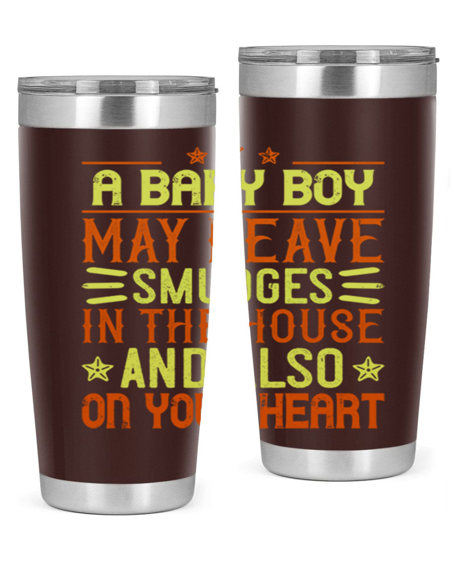 A stylish 20oz stainless steel tumbler featuring a heartfelt design celebrating baby boys, showcasing its double wall vacuum insulation and drink-thru lid.